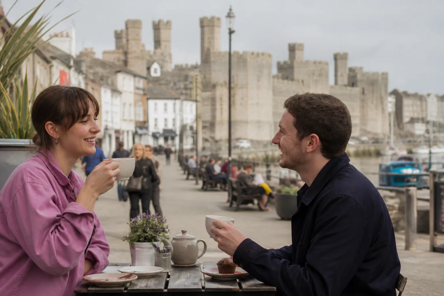 Couple walking beside the waterfront at Caernarfon with the castle nearby