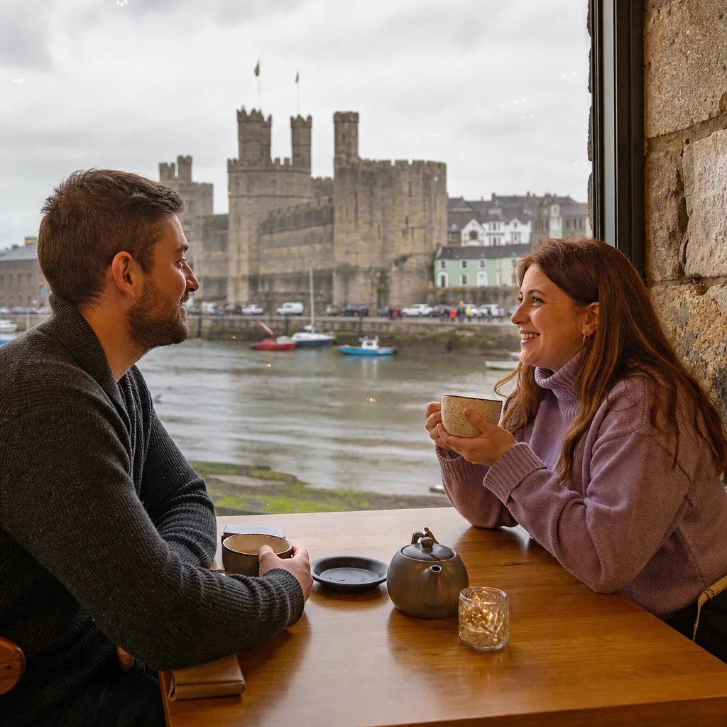Coffee cups on a café table during a relaxed date in Caernarfon