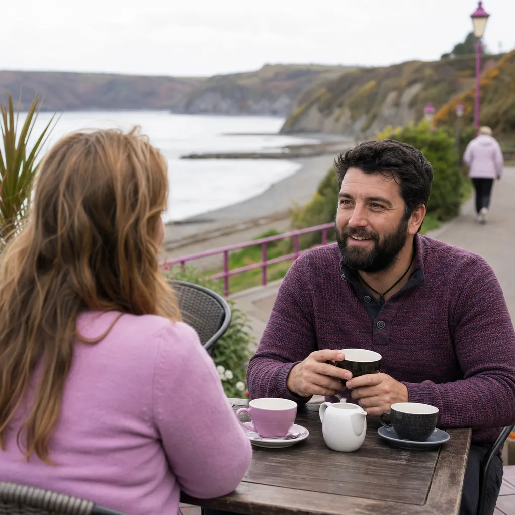 Two adults meeting over coffee in an independent Ceredigion café