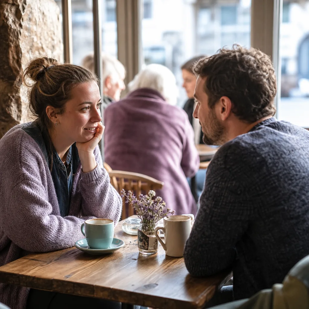 Friends having a relaxed conversation in a café in Caernarfon