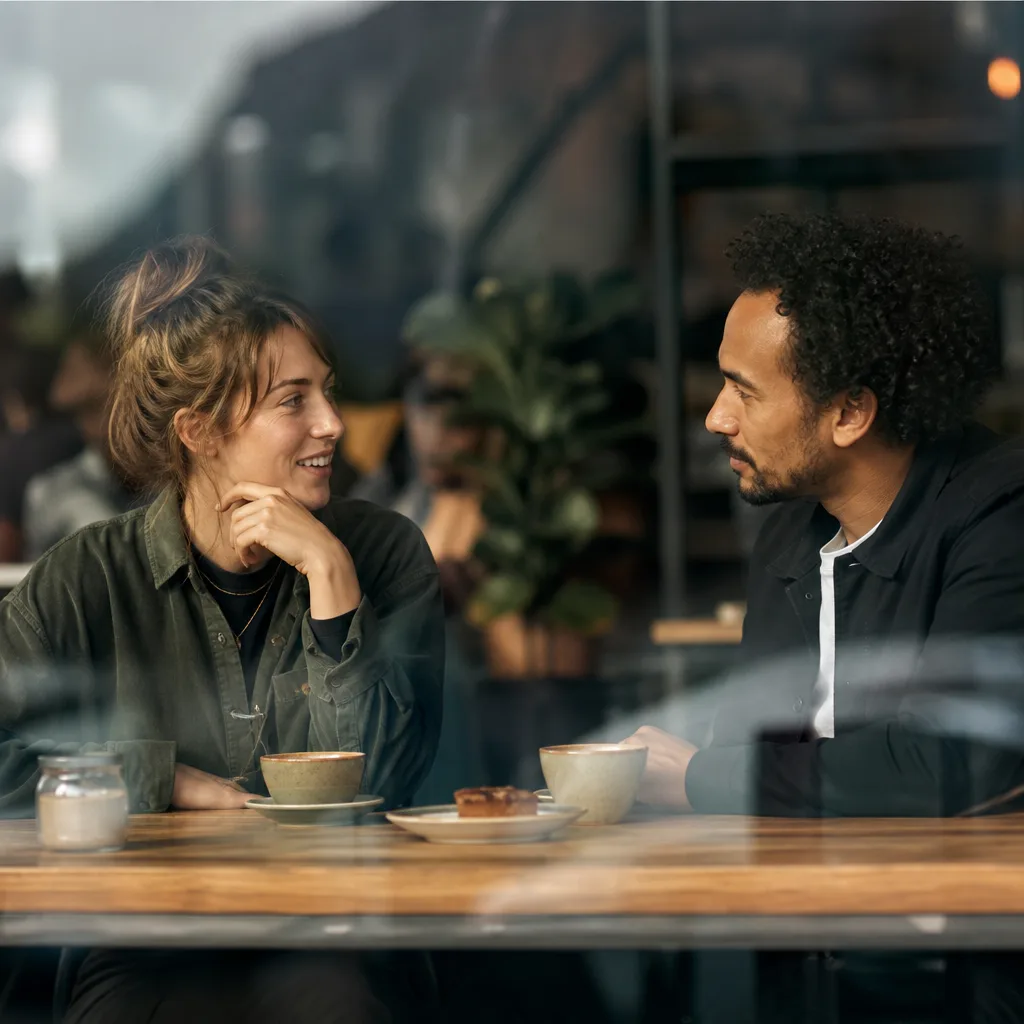 Two people meeting during the daytime at a café in Bangor
