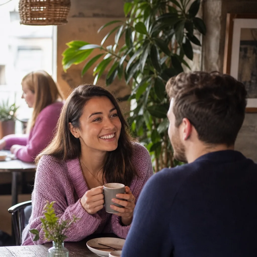 Two adults meeting at a busy daytime café in Gwynedd