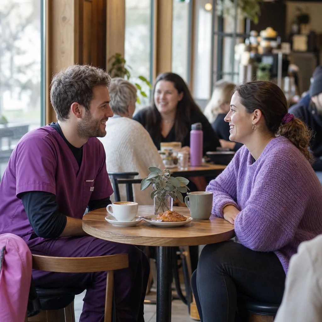 Two university staff members talking in a public café in Bangor
