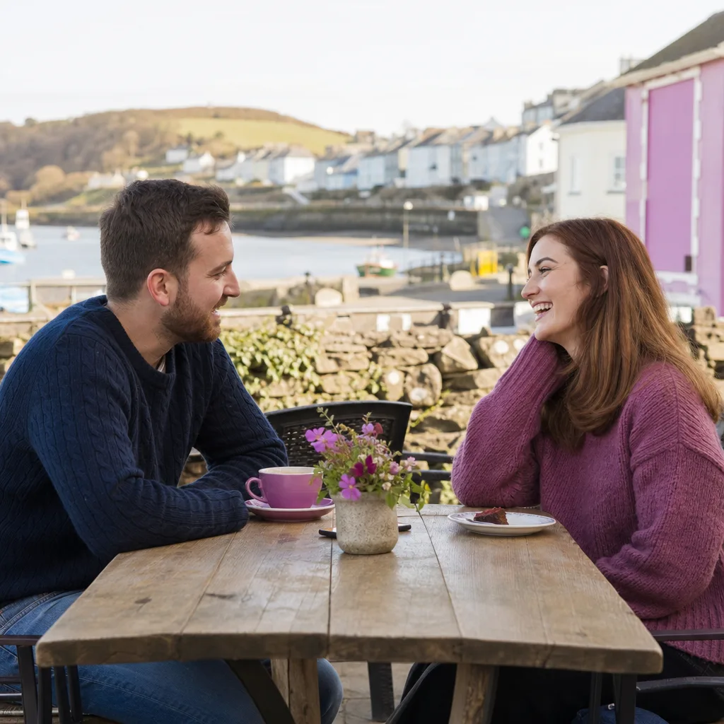 A couple walking beside the colourful harbour at Aberaeron