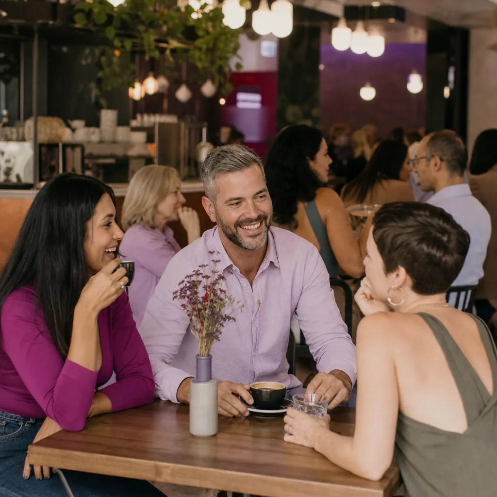 People meeting over coffee at a public venue overlooking Caernarfon waterfront