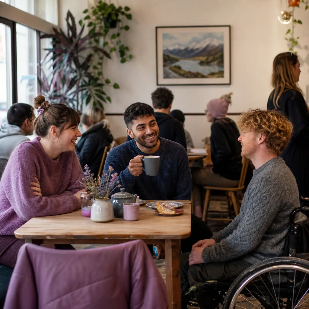 Two adults meeting at a relaxed café table in Caernarfon